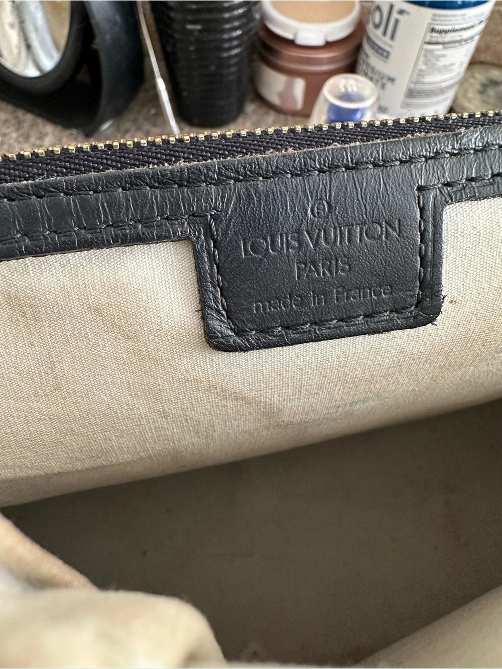Louis Vuitton Beige Monogram Satchel with Black Trim and Gold Hardware